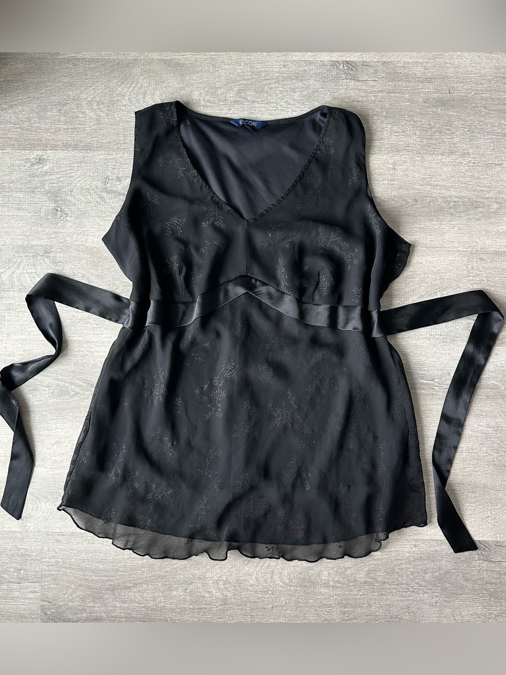 Encore Black Sleeveless Satin Waist-Tie Blouse Y2K